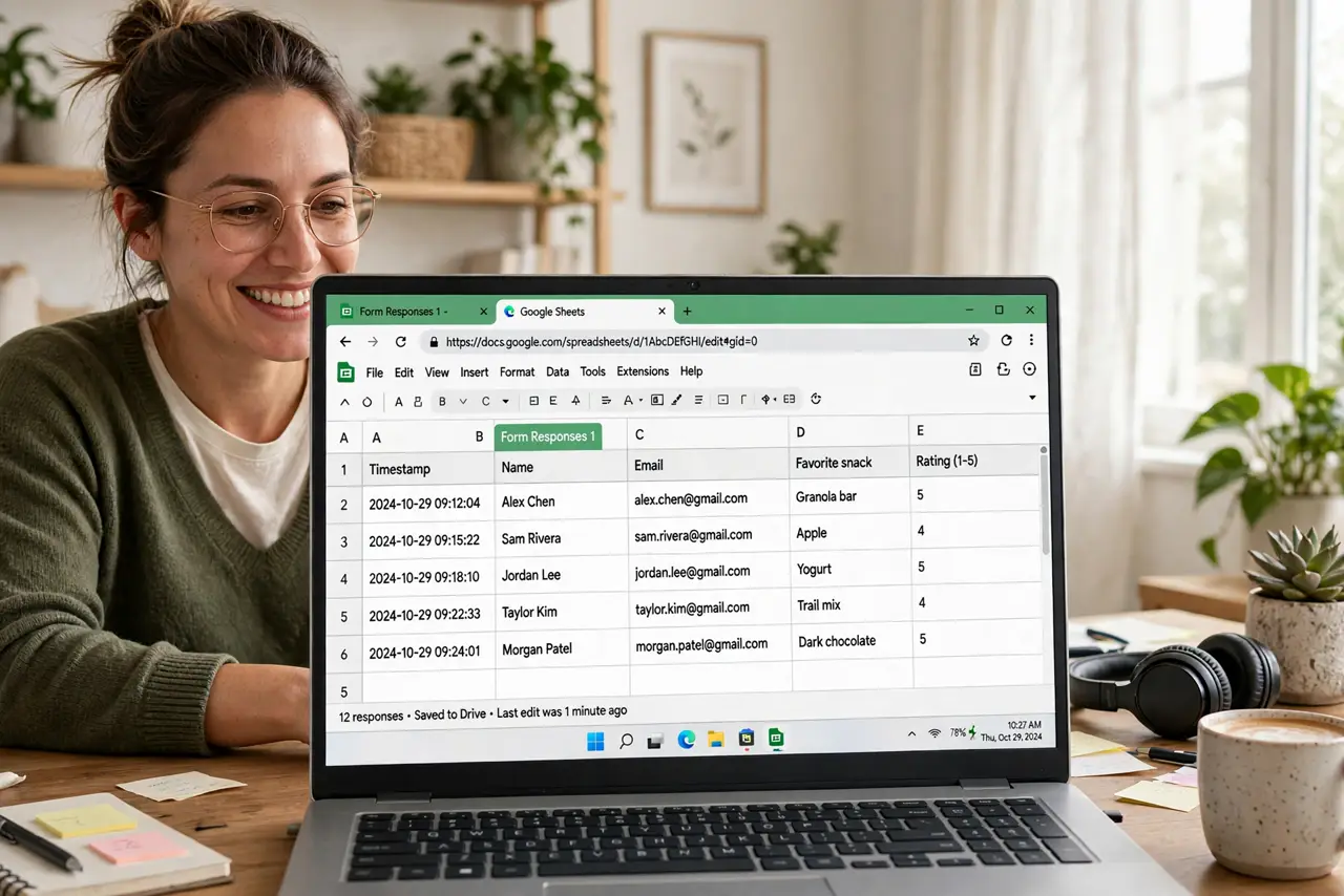 A person working on a real laptop showing a Google Sheets spreadsheet filling with form responses, the person's face pleased, bright home office.