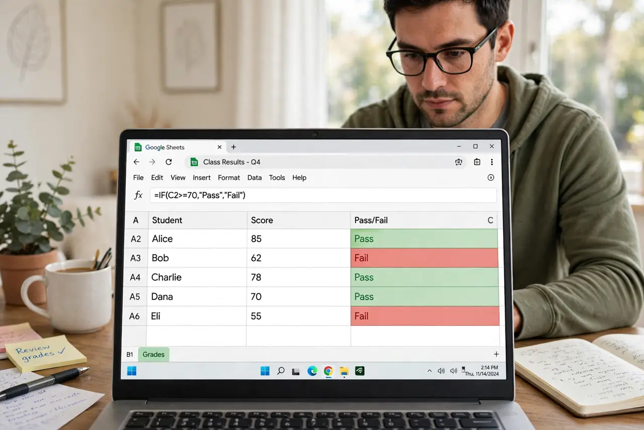 A person working on a real laptop showing a Google Sheets spreadsheet with a legible IF formula and a pass/fail column, the person's face focused, bright home…