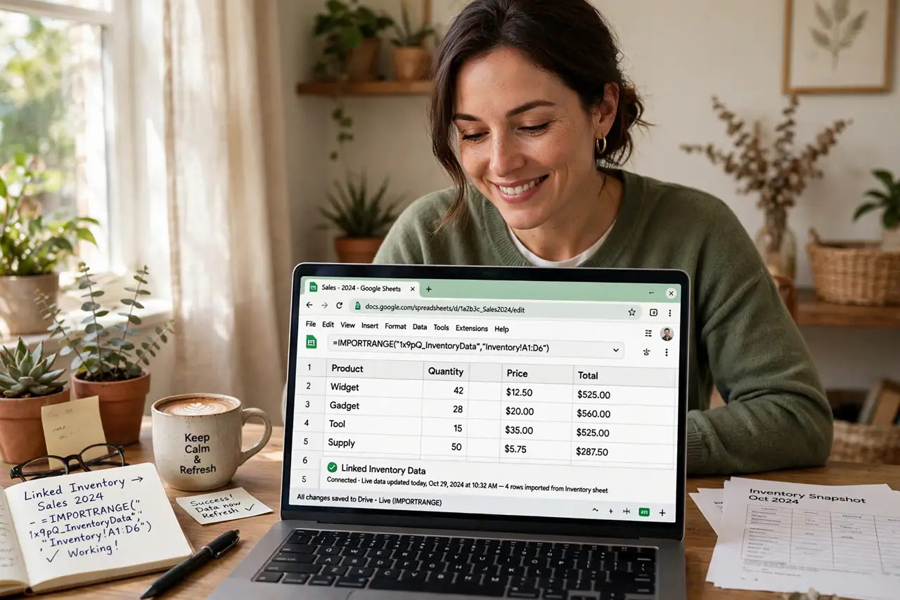 a person linking two real Google Sheets with a legible IMPORTRANGE formula pulling live data between them, the person's face relieved, home office.