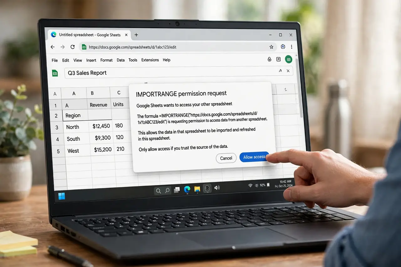 IMPORTRANGE Asks for Permission — a calm adult clicking Allow access on an IMPORTRANGE permission prompt in Google Sheets on a real laptop, the