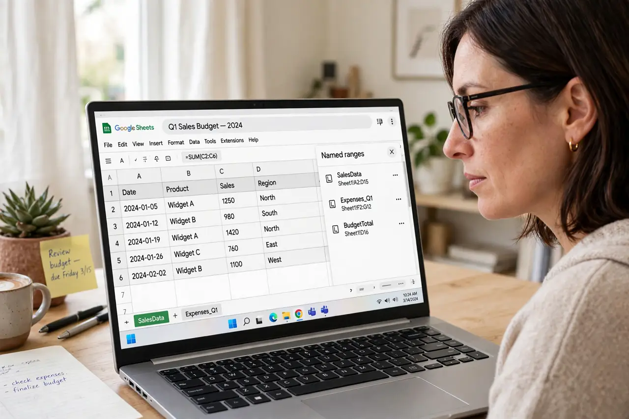 A person working on a real laptop showing a Google Sheets spreadsheet with the named ranges sidebar open and legible, the person's face focused, bright home…