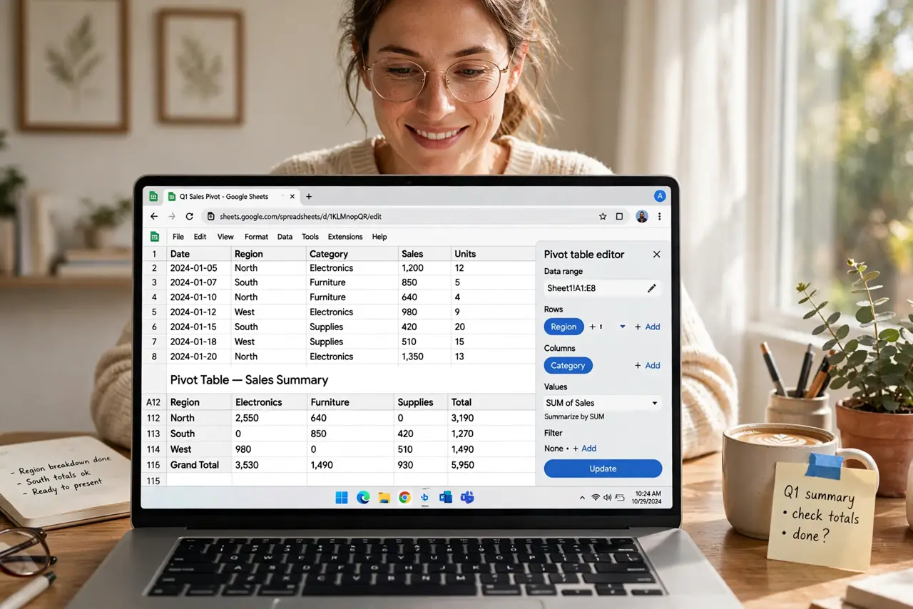 A person building a real pivot table in Google Sheets on a laptop, the pivot editor panel legible, the person's face enlightened, bright home office.