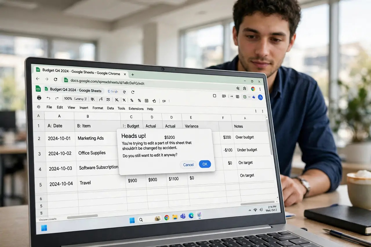 A person working on a real laptop showing a Google Sheets spreadsheet with a protected range warning dialog legible on screen, the person's face calm and in…