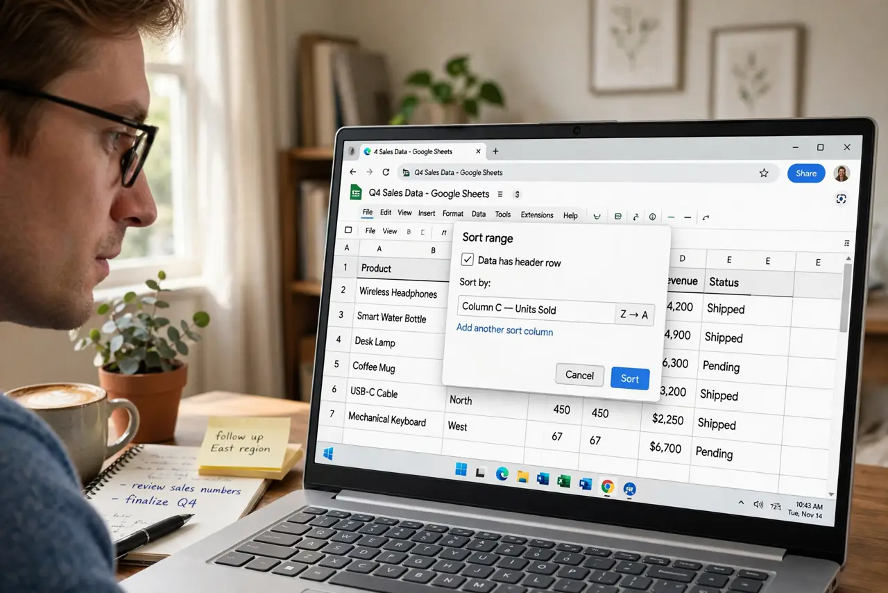 A person at a desk looking at a real laptop showing Google Sheets with a legible sort dialog open over a data table, the person's face focused, home office.