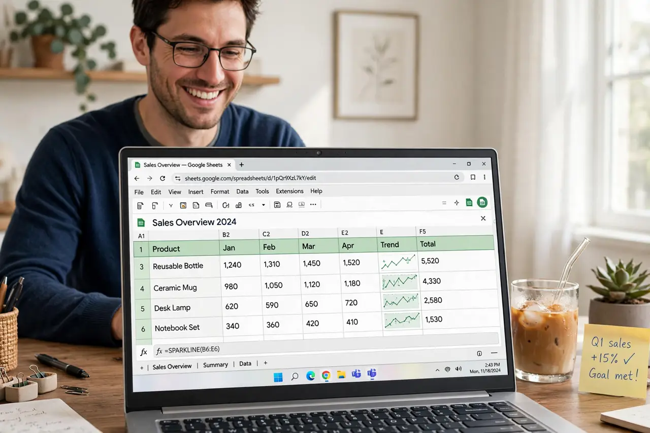 A person working on a real laptop showing a Google Sheets spreadsheet with tiny sparkline trend lines visible inside cells next to numbers, the person's face…