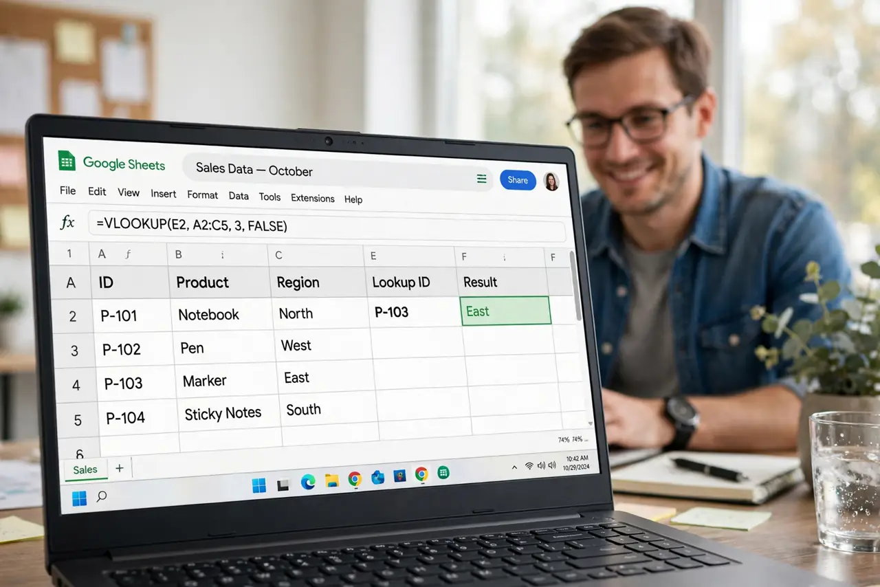 A person working on a real laptop showing a Google Sheets spreadsheet with a VLOOKUP formula and its result legible on screen, the person's face focused with a…