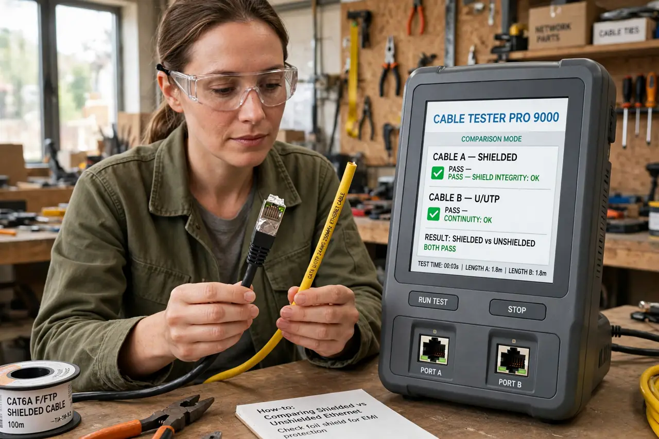 a person holding two real Ethernet cables, one with visible foil shielding at a cut end and one plain, both real with legible jackets, the person's face comp...