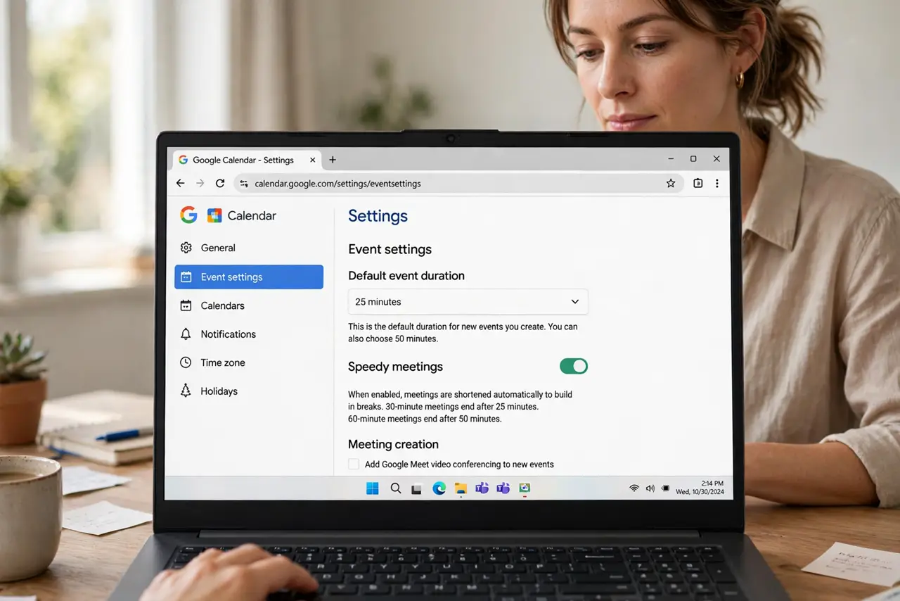 A person performing step 1: Change the default in Google Calendar. Go to Settings, Event settings, and set the default duration to 25 or 5.