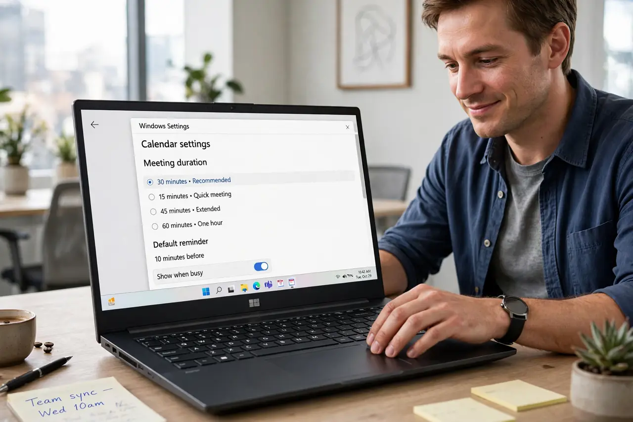 A person at a desk adjusting calendar settings on a real laptop with meeting duration options legible on screen, the person's face satisfied, bright office.