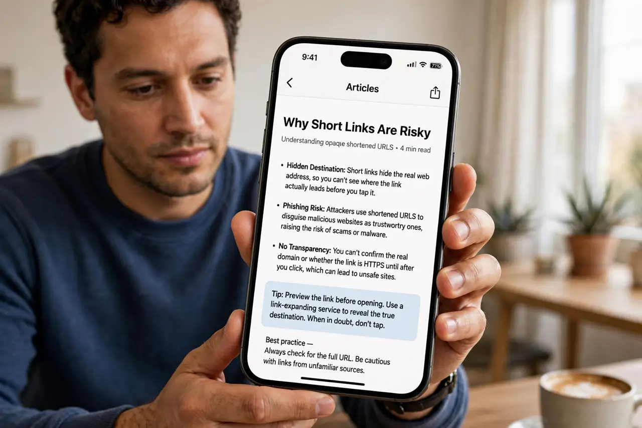 Photoreal photo of a person performing the first step: Understand why short links are risky. A shortened URL replaces the real address with an opaq...