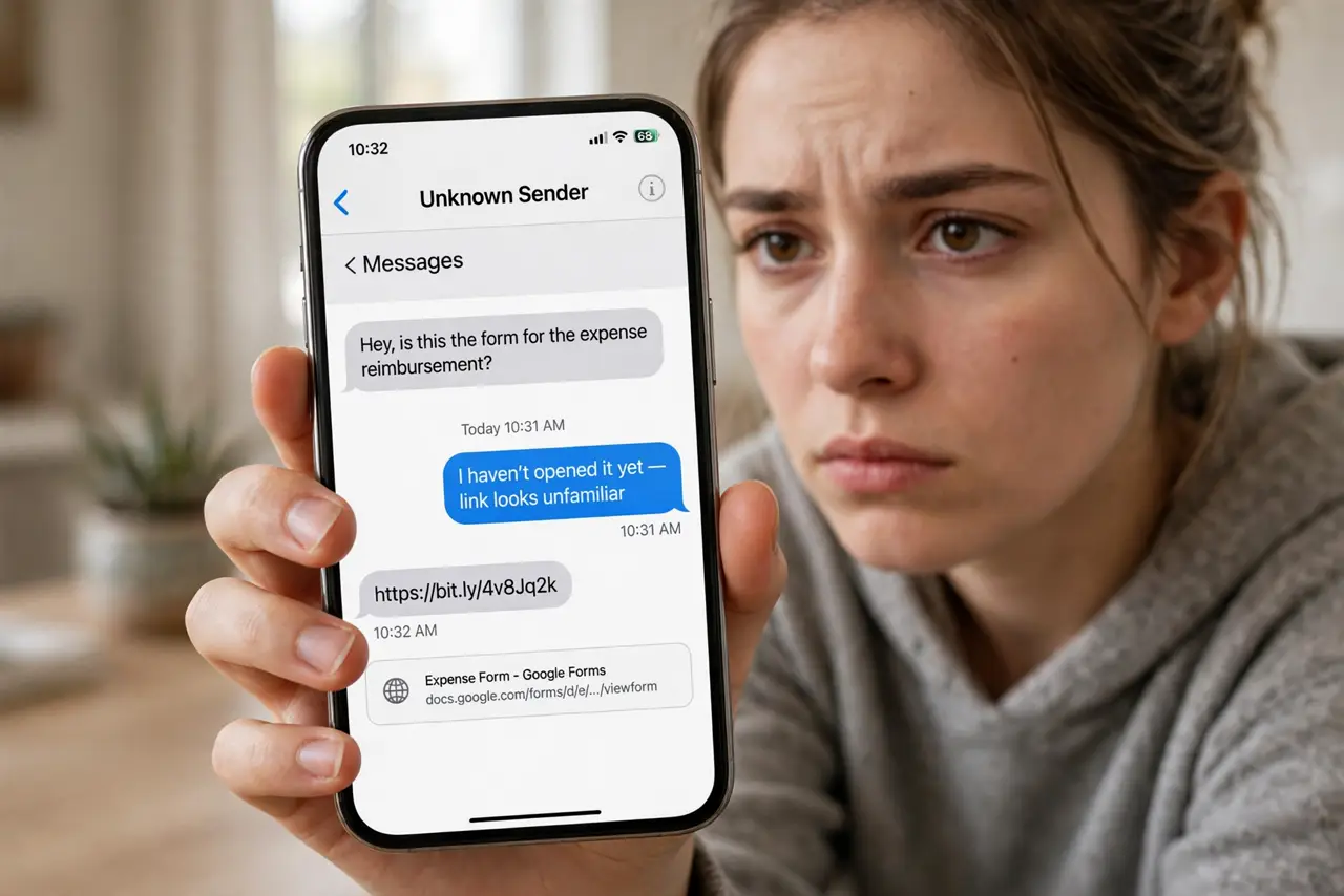 Photoreal photo: a person holding a real phone showing a text message with a shortened link visible and legible, the person's thumb hovering without tapping, face cautious, indoor lighting. No black screen, no blan...