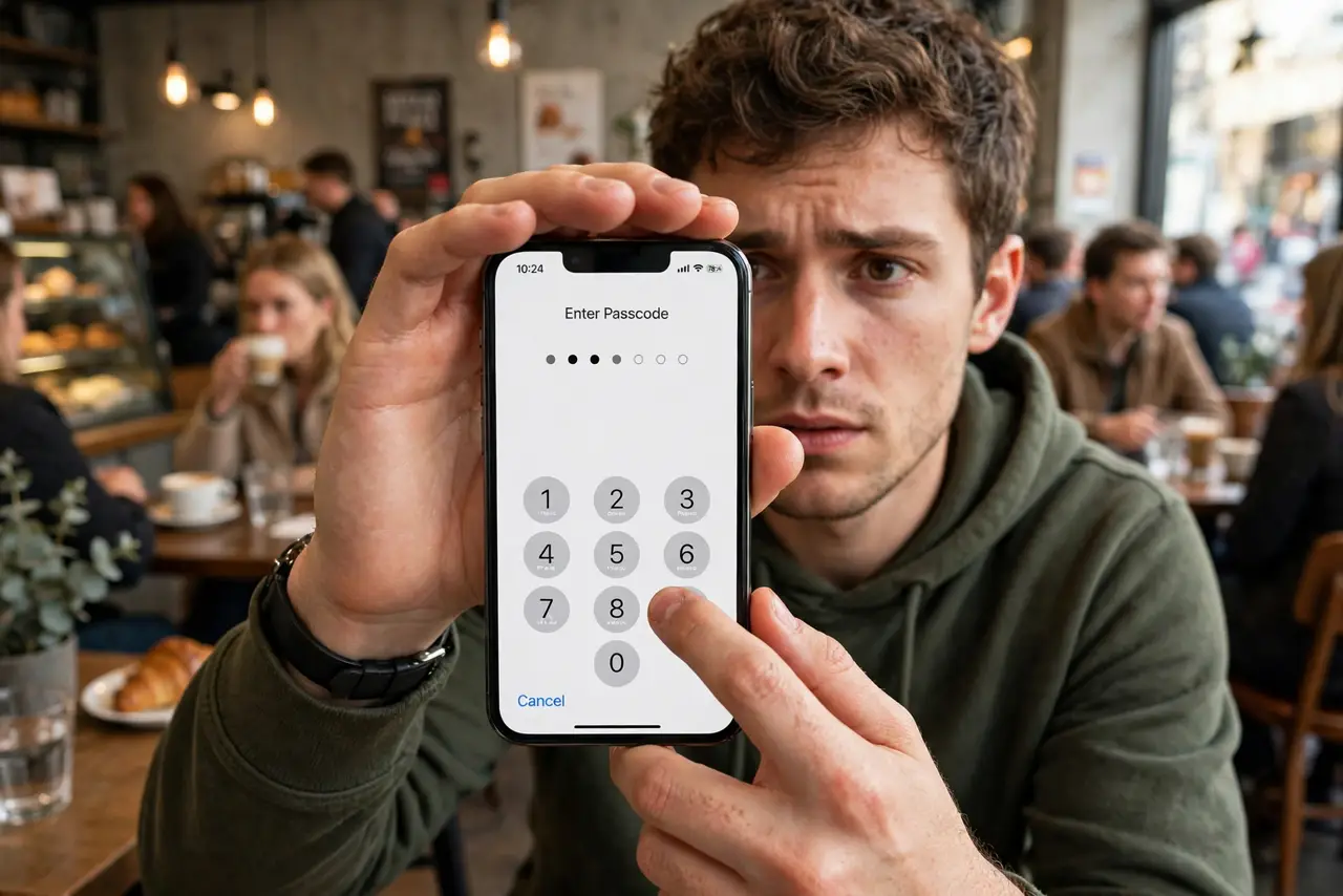 a person shielding a real phone screen with their hand while entering a PIN in a crowded café, the person's face alert, busy background. No black screen, no blank white screen, no .