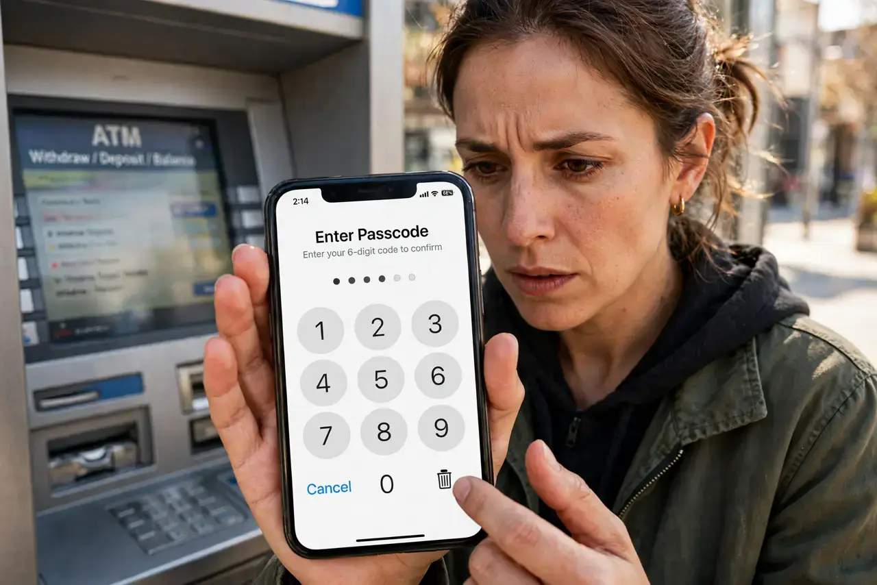 Someone Watching Your PIN — a vigilant adult at an ATM shielding a real phone screen with one hand while typing, the screen showing a PIN