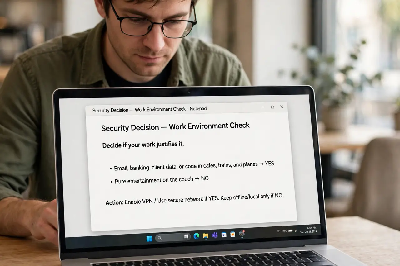 A person performing step 1 of the guide: Decide if your work justifies it. Email, banking, client data, or code in cafes, trains, and planes means yes. Pure entertainment on the...