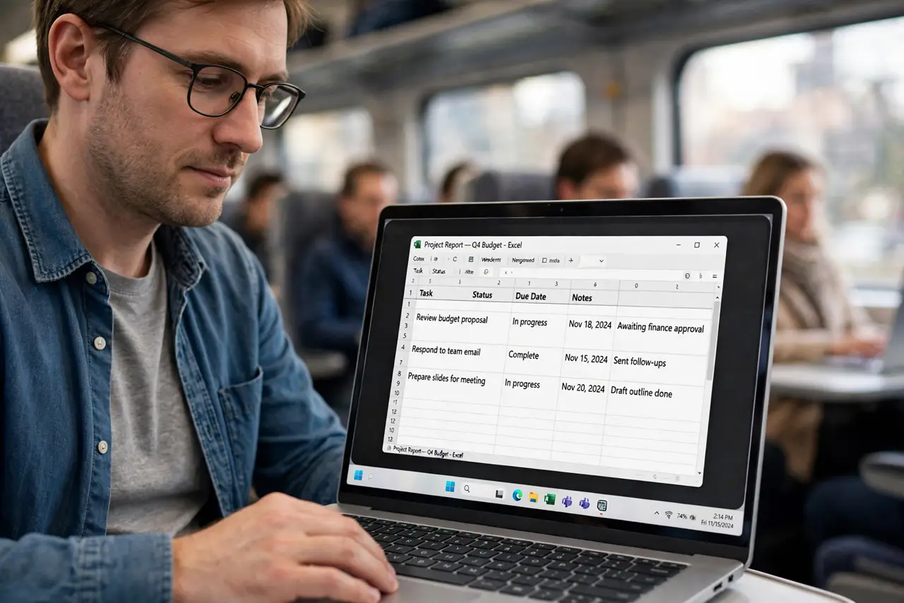 a calm adult on a train working on a real laptop with a privacy screen attached, the screen clear from the front and dark from the side, fellow passengers blurred in the background