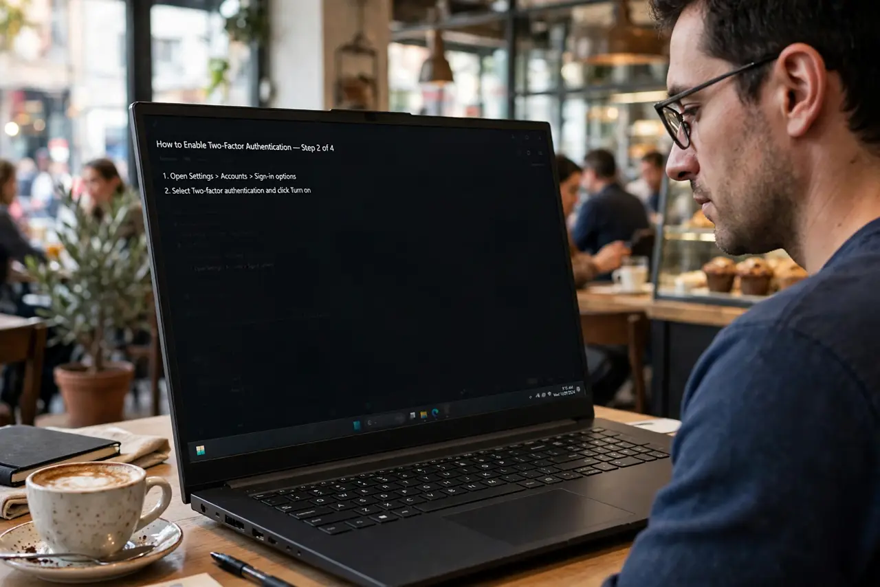 a person working on a real laptop with a privacy screen filter in a busy café, the screen dark from the side angle, the person's face calm, coffee cup beside...