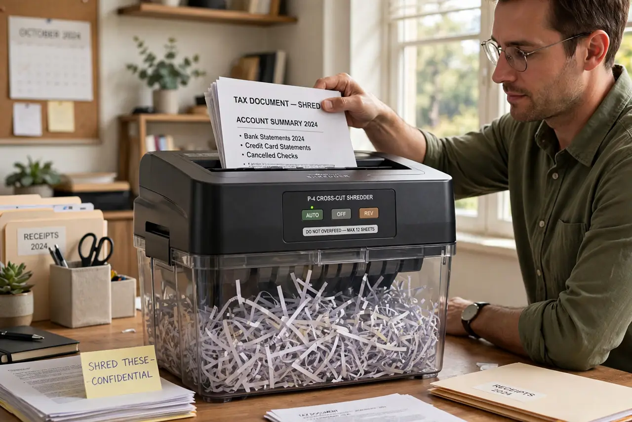 a person feeding real paper documents into a real cross-cut paper shredder on a desk, shredded strips visible in the bin, the person's face calm and methodic...