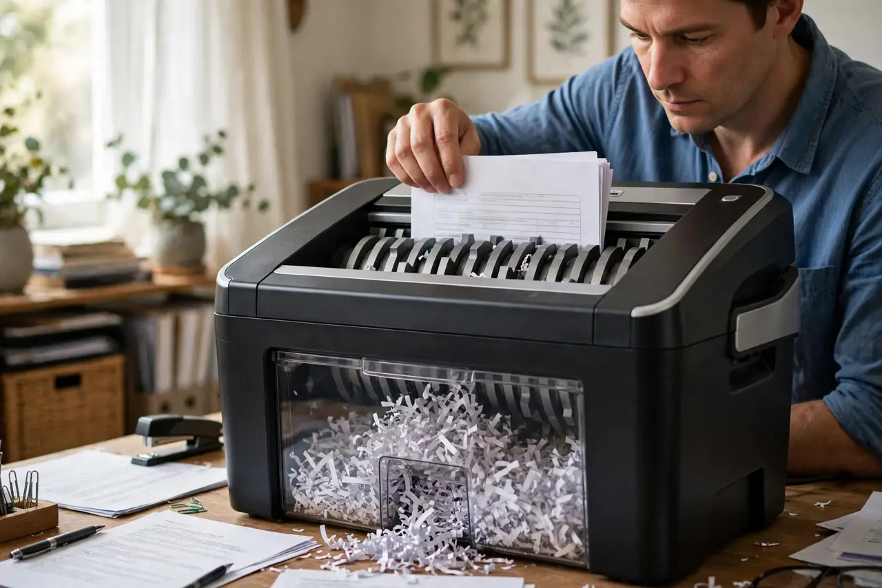a person feeding real paper into a real crosscut shredder on a desk, shredded confetti visible in the bin, the person's face focused, home office. No black screen, no blank white s.