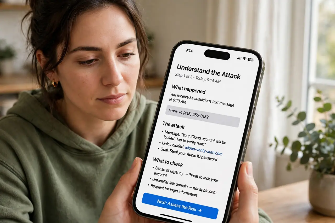 A person calmly performing the guide's first step: Understand the attack.