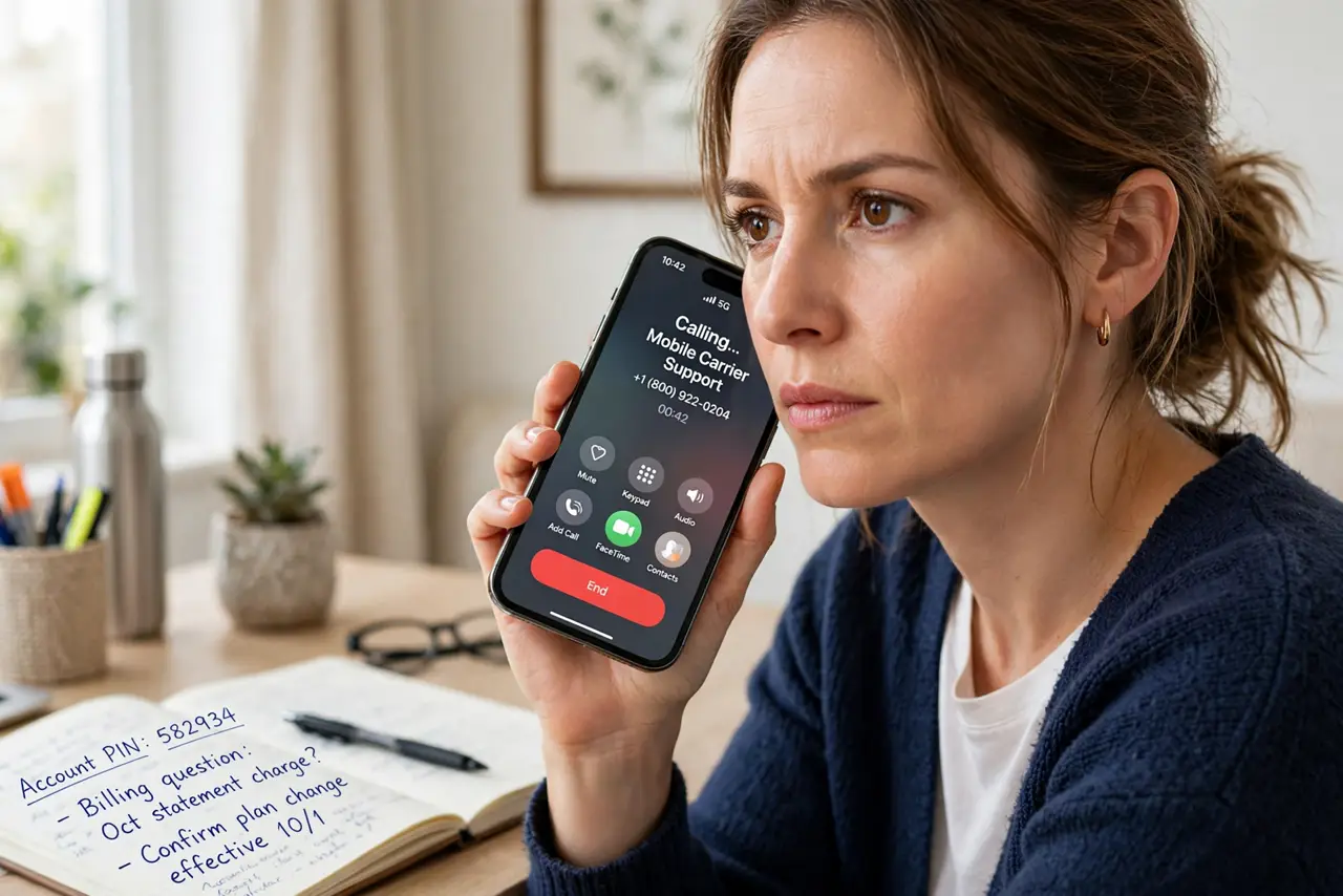 a person calling their mobile carrier on a real phone, a notebook with account PIN written beside them, the person's face serious and focused, bright home office. No black screen, .