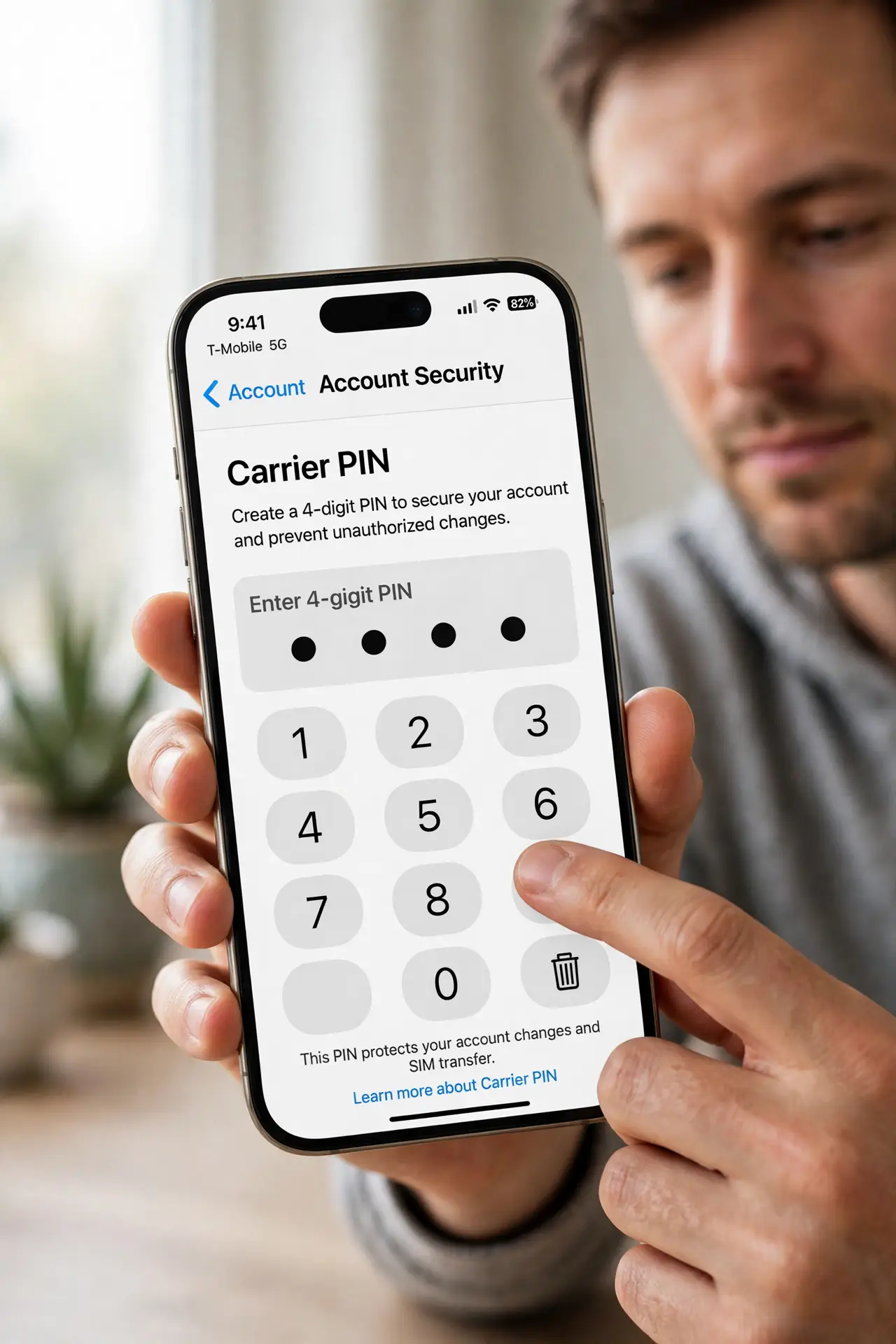 Photoreal photo of a person performing the first step: Add a PIN or passcode to your carrier account. Call your carrier or use their app to set an ...