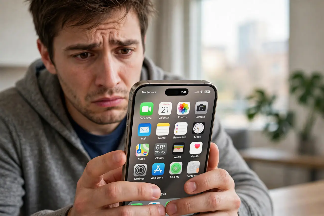 Photoreal photo: a person looking concerned at a real iPhone showing a no-service indicator, holding the phone with both hands, the person's face worried, indoor daylight. No black screen, no blank white screen, no...