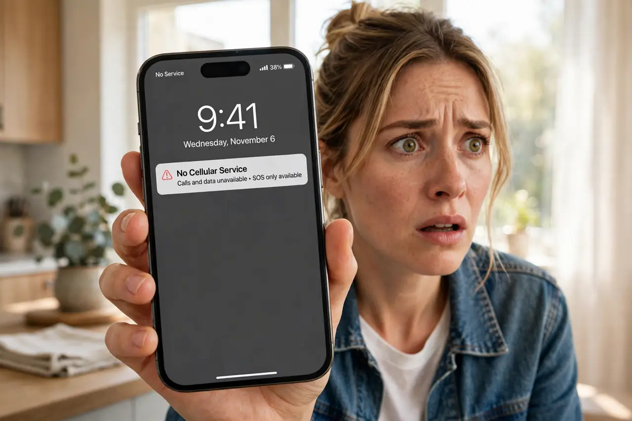 a person holding a real iPhone showing 'No Service' in the status bar with legible screen text, the person's face alarmed and focused, indoor setting. No black screen, no blank whi.
