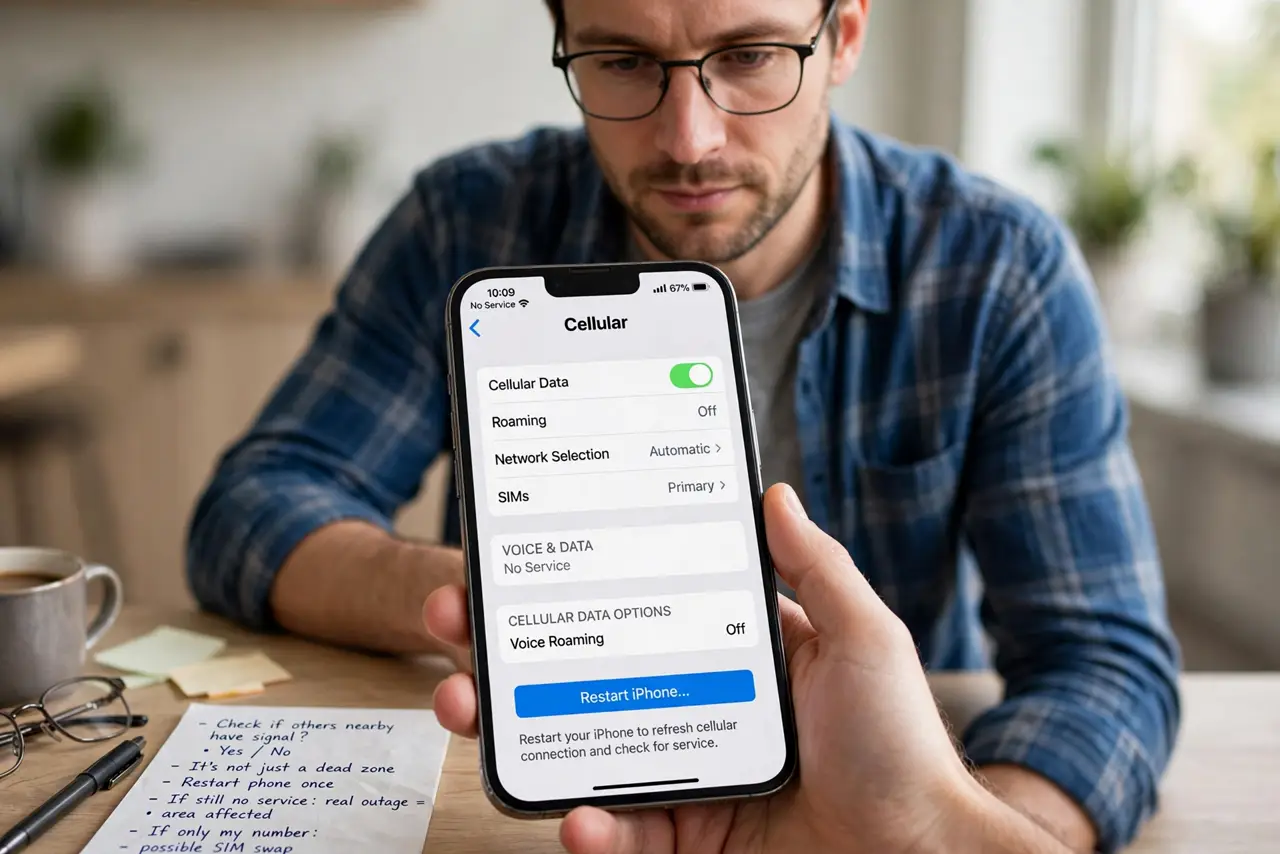 A person performing step 1 of the guide: Confirm it is not just a dead zone. Check whether others nearby have signal, and restart the phone once. A real outage affects an area,...