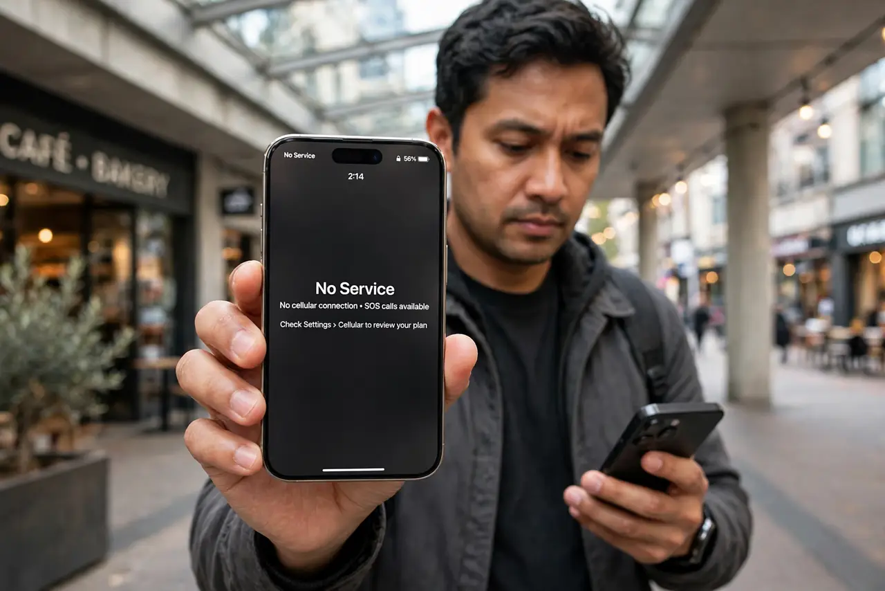 a calm adult holding a real iPhone showing a normal no-service indicator with legible status text, standing in a well-covered urban area looking concerned, another phone in the other hand