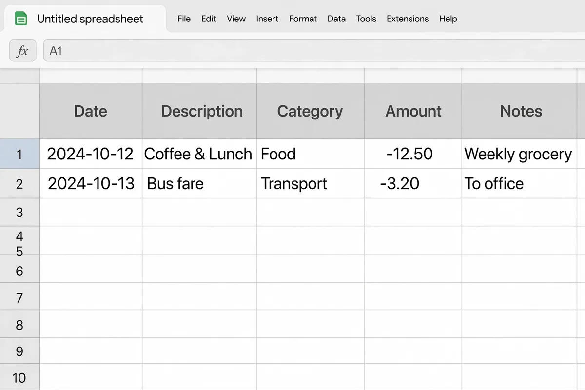 A simple spreadsheet with columns for Date, Description, Category, Amount, and Notes, with two example expenses entered.