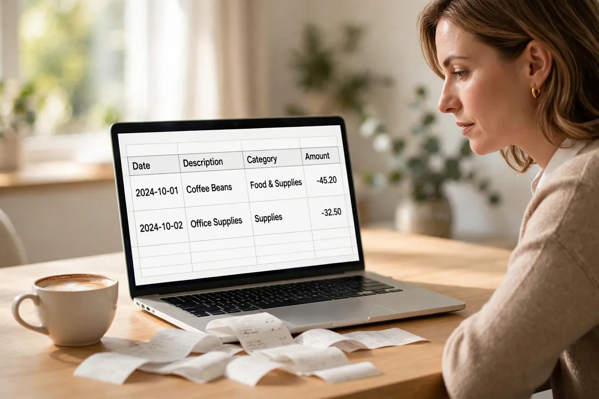 A woman reviewing an expense spreadsheet on a laptop with columns Date, Description, Category and Amount, with paper receipts and a coffee cup beside her.