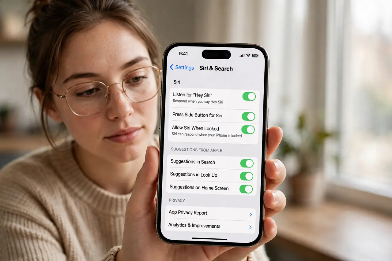 A person performing the first step: Open Settings > Siri. On newer iPhones this may be labeled Apple Intelligence &.