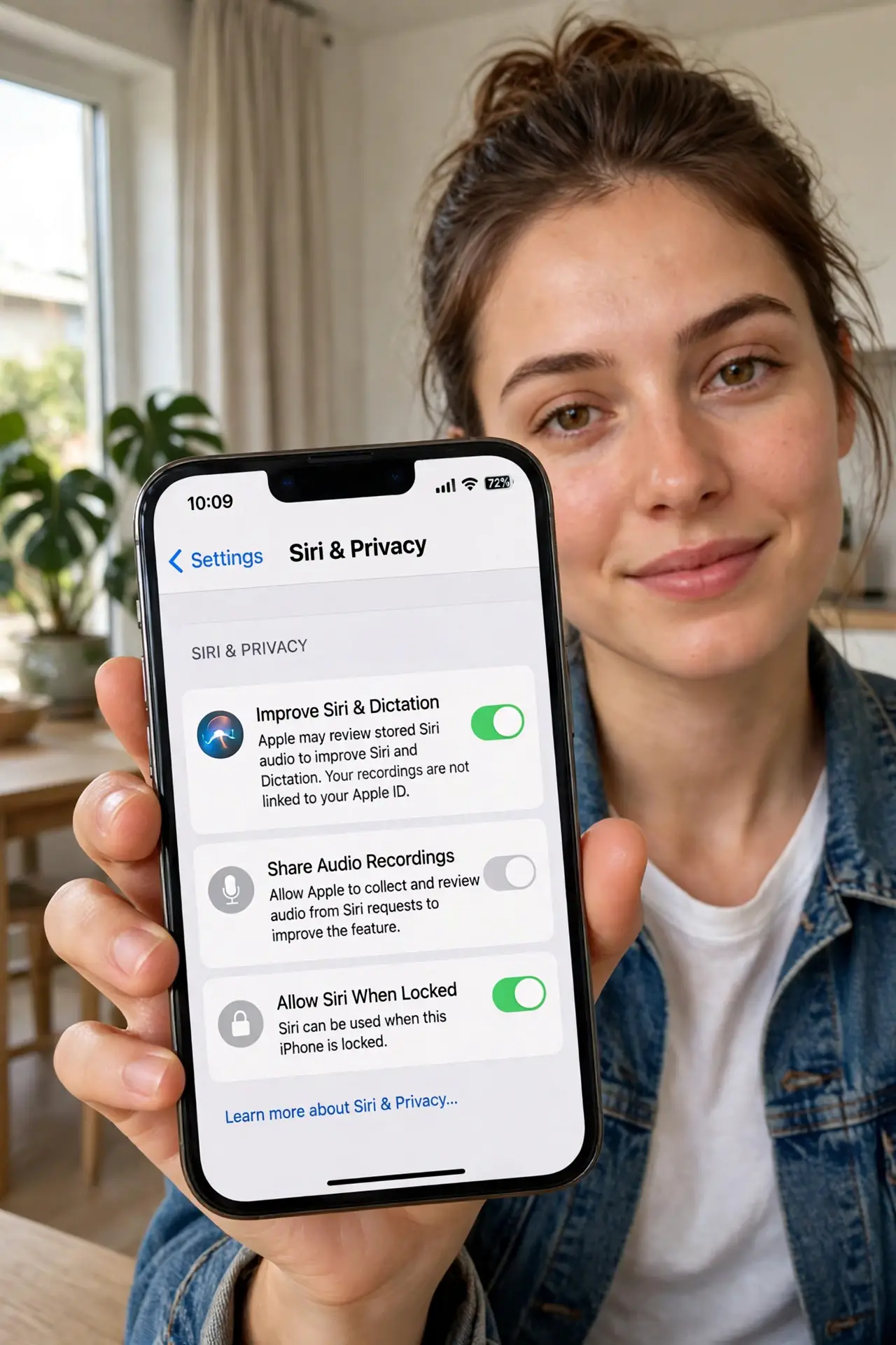 A person holding a real iPhone showing Settings Siri privacy options with legible toggles, the person's face relaxed,