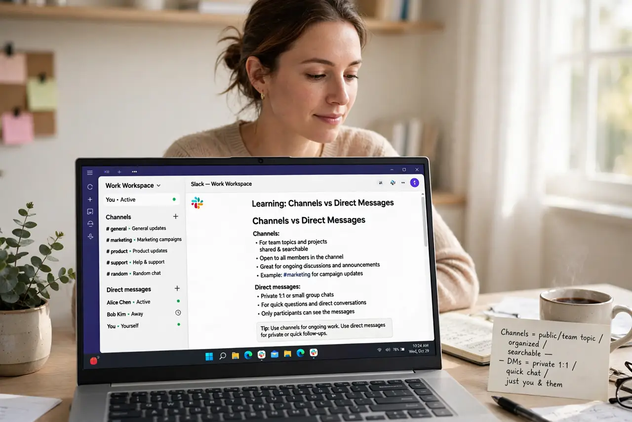 Photoreal photo of a person performing the first step: Understand channels vs direct messages. Channels are topic rooms the team shares -- #marketing,