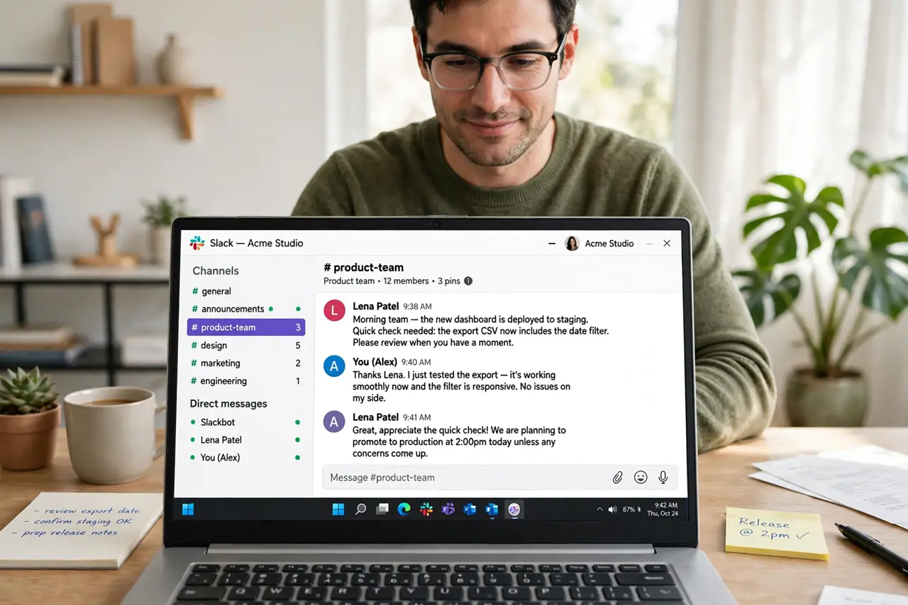 Photoreal photo: a person reading a real laptop showing the Slack interface with legible channels and messages, the person's face calm and engaged, bright home office. No black screen, no blank white screen, no fake or garbled screen