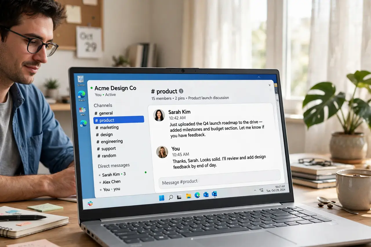 Photoreal photo: a person browsing a real laptop showing the Slack sidebar with a legible channel list, the person's face calm and organized, bright home office. No black screen, no blank white screen, no fake or garbled screen text.