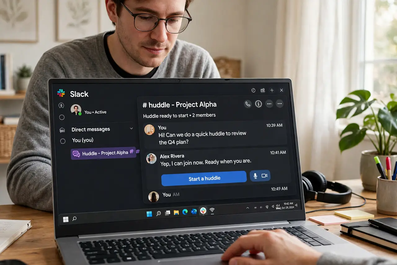 Photoreal photo of a person performing the first step: Open the channel or DM where the huddle belongs. Huddles live inside a conversation — a chan...