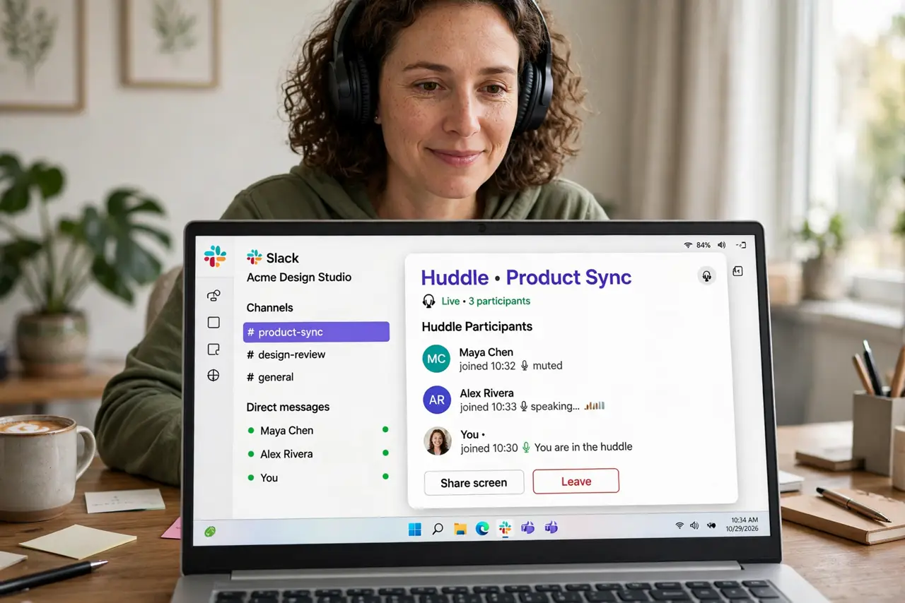 Photoreal photo: a person at a real PC with Slack open showing an active huddle window with legible participant names, wearing real headphones, the person's face friendly and engaged, home office. No black screen, ...