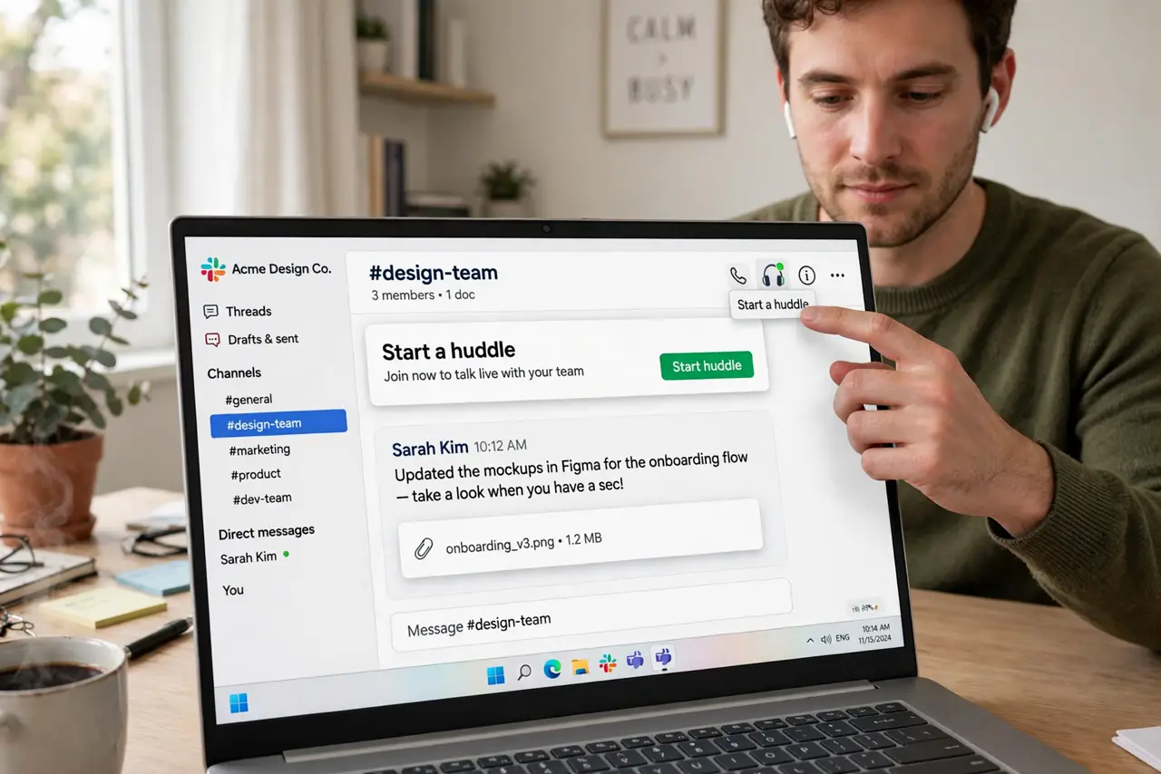 Photoreal photo of a person performing the first step: Start a huddle in one click. The headphones icon in the channel header or DM starts a huddle in