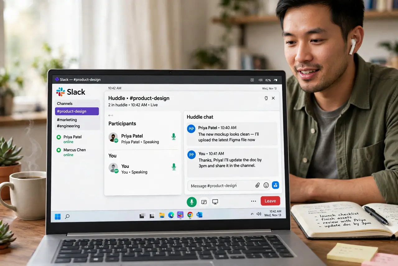 Photoreal photo: a person wearing real earbuds talking during a real Slack huddle shown on a laptop with a legible huddle window, the person's face engaged and friendly, home office. No black screen, no blank white screen, no fake or
