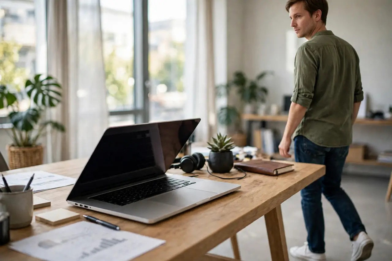 A calm adult stepping away from a desk where a Windows laptop sits with its lid partly closed in sleep mode.