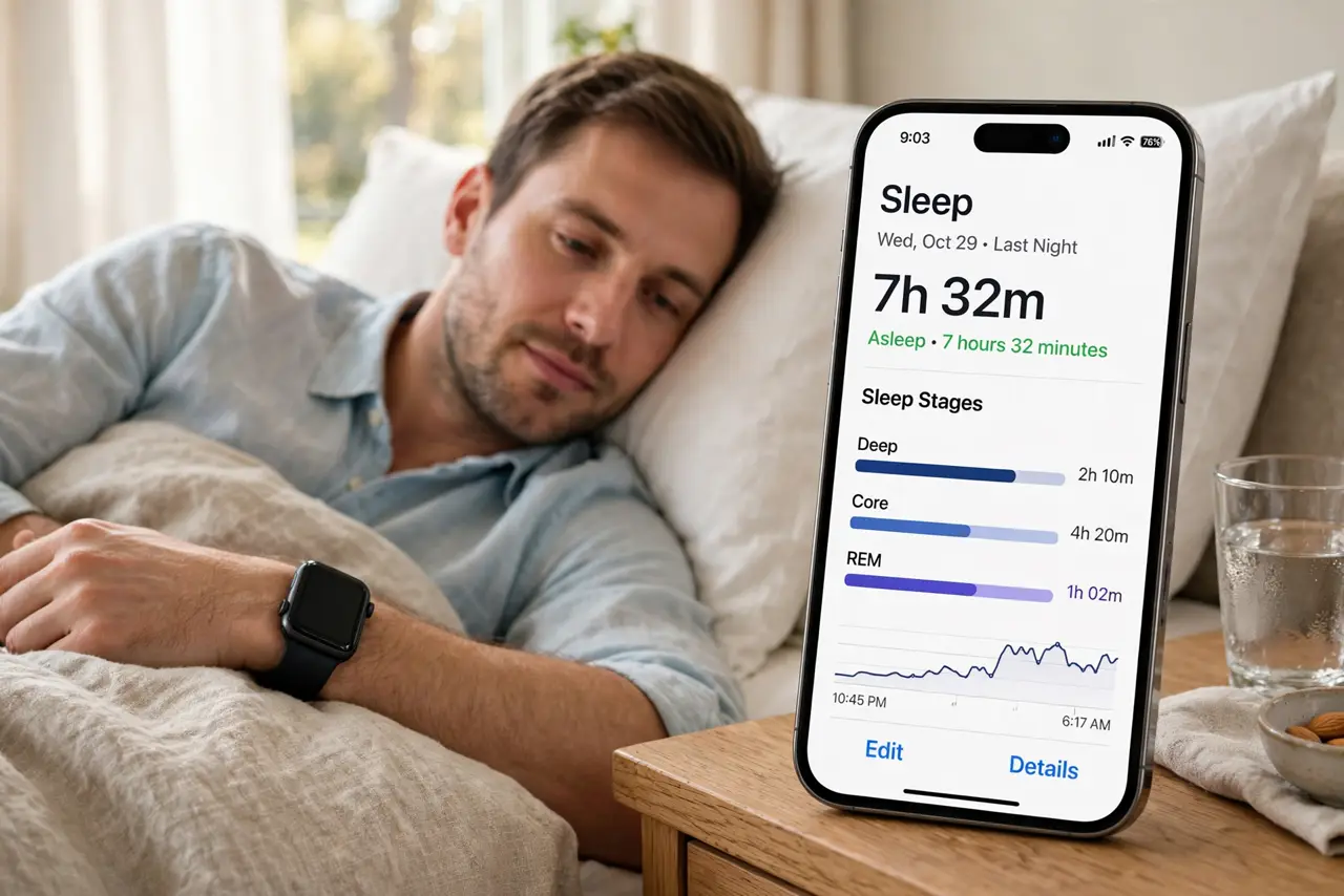 a person in bed wearing a real smartwatch, a real smartphone on the nightstand showing a legible sleep chart, the person's face peaceful, soft morning light.