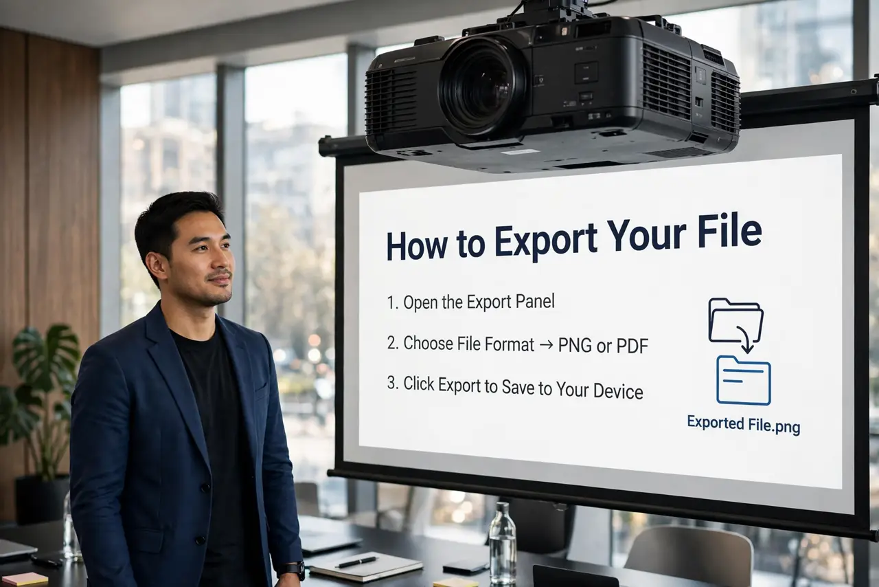 a person presenting with a real projector screen showing a clean minimal presentation slide with large legible text and one image, the person's face confiden...