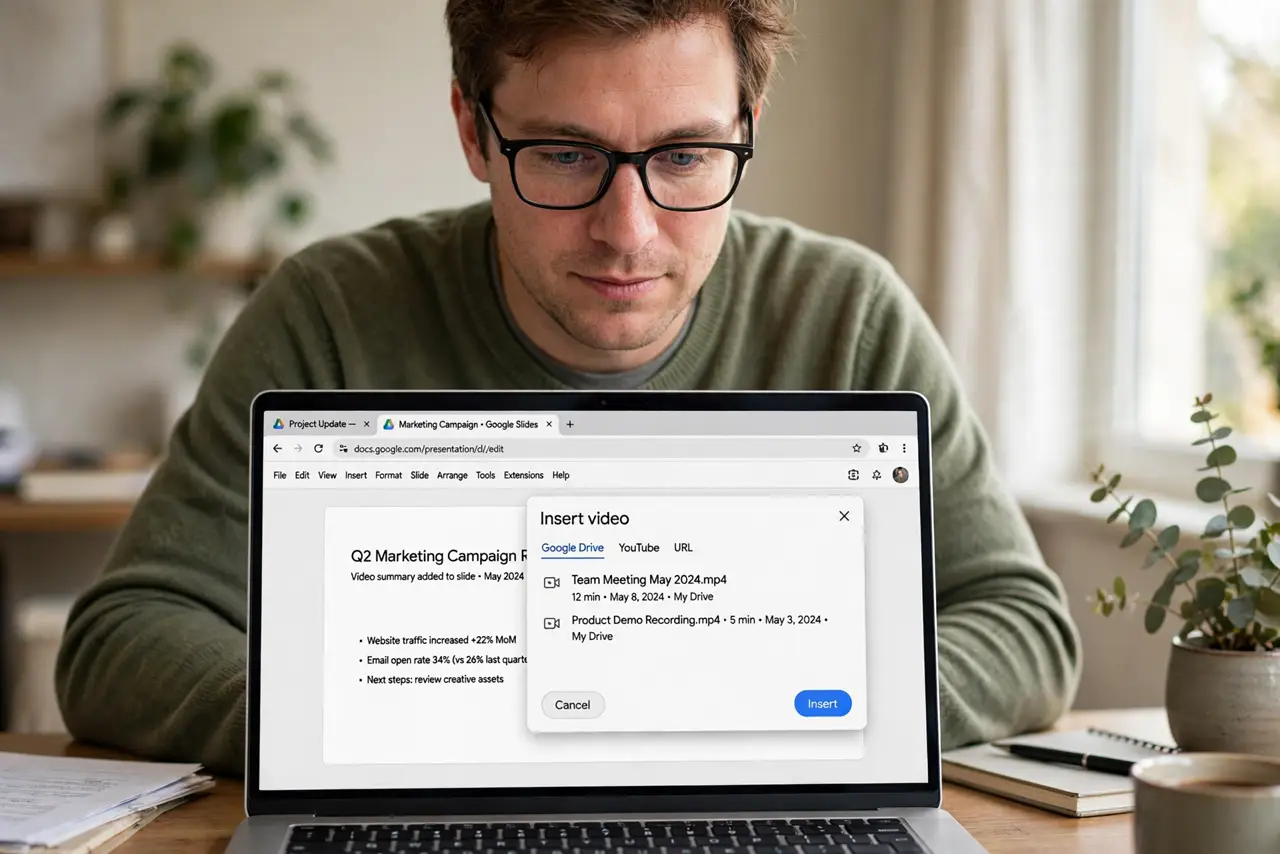 a person embedding a real video into Google Slides with the legible Insert Video dialog open, the person's face focused, home office.