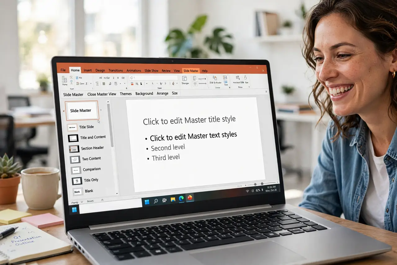 A person working on a real laptop showing presentation software with the master slide view open and layout thumbnails legible, the person's face enlightened…