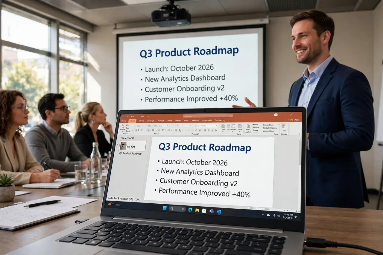 A person presenting slides on a real laptop connected to a real projector screen showing a clean slide, the audience engaged, the person's face confident,…