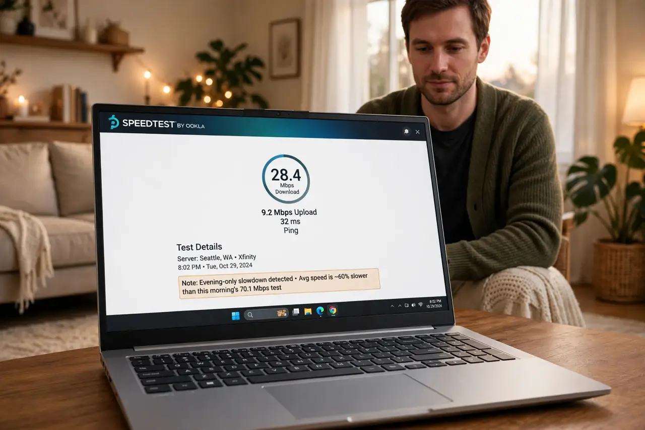 Photoreal photo of a person performing the first step: Confirm the pattern. Run speed tests at midday and at 8 PM for a few days. A consistent even...