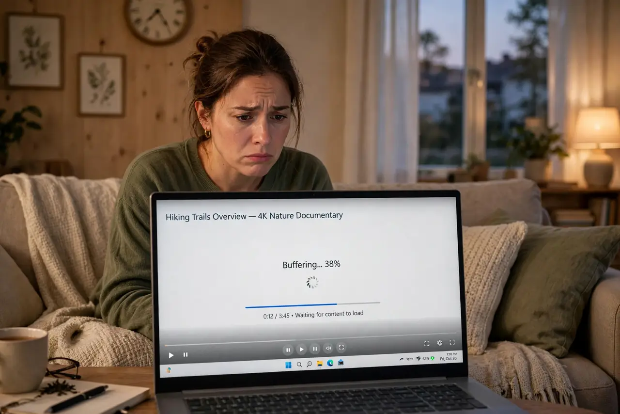 Photoreal photo: a person on a couch in the evening looking at a real laptop showing a legible buffering video, a clock on the wall showing evening time, the person's face frustrated, warm living room light. No bla...