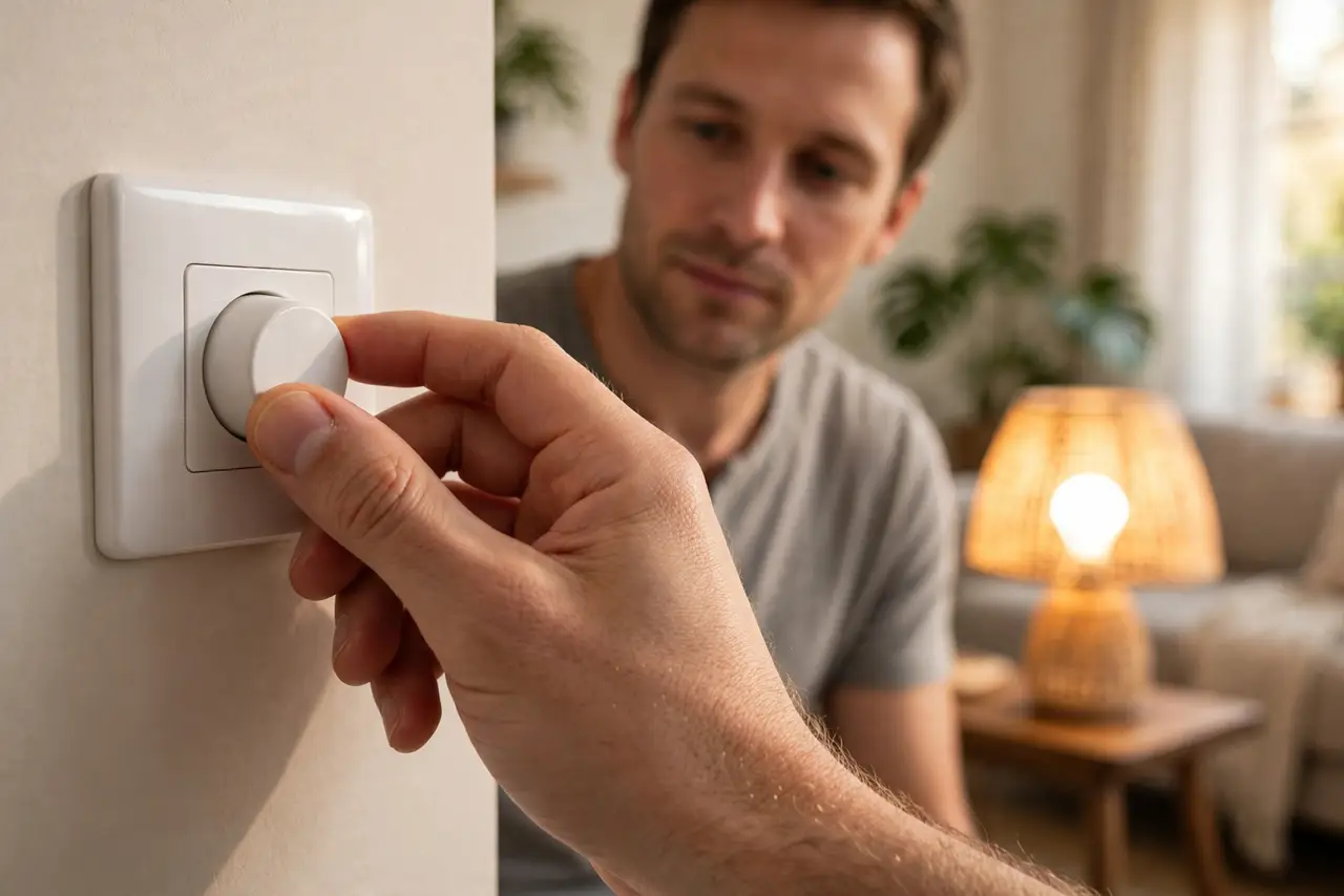 A person performing step 1: Set the wall dimmer to maximum.