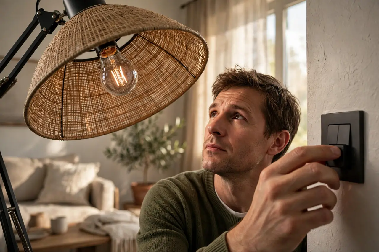 A calm adult in a living room looking up at a real smart bulb in a lamp that is flickering, the person reaching for the wall dimmer switch, thoughtful expression.